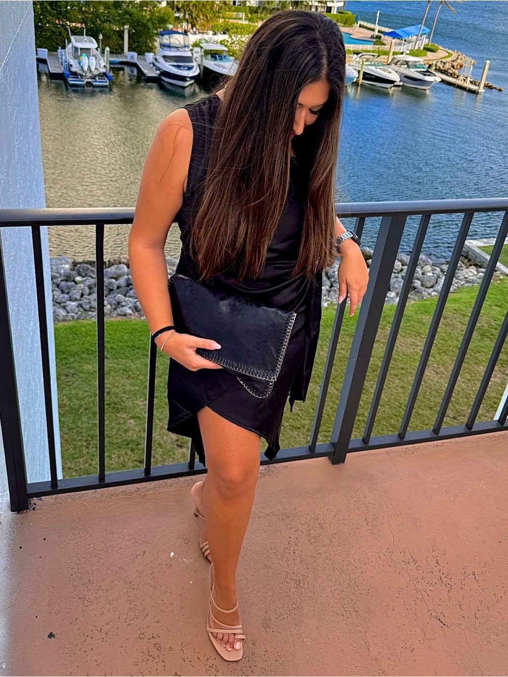 Asymmetrical One-Shoulder Black Wrap Dress with Side Tie